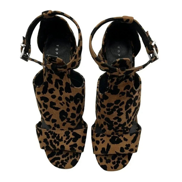 Topshop Womens 8 Leopard Animal Print Suede Chunky Block Heel Shoe Ankle Strap - Picture 9 of 14